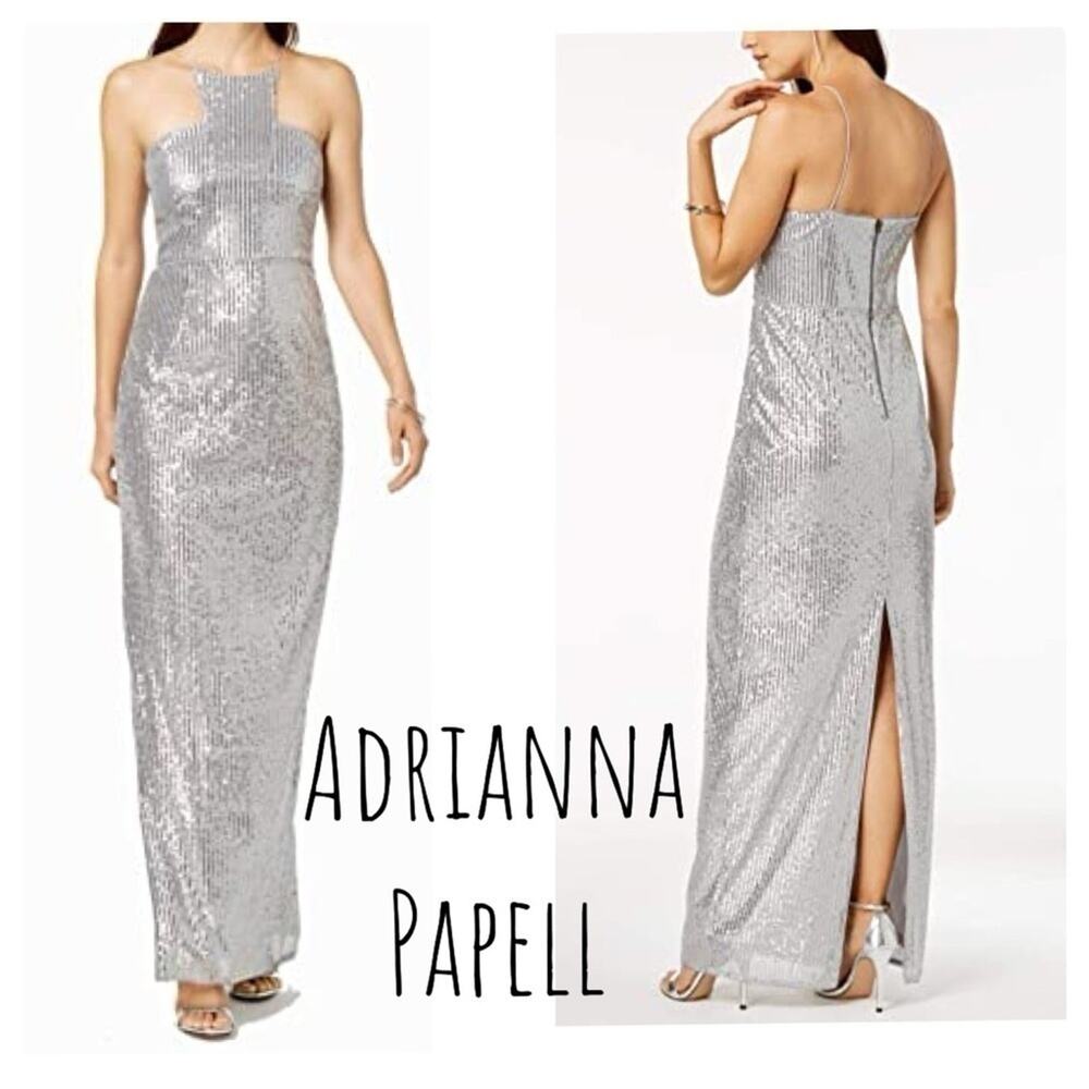 Adrianna Papell high neck Long silver Sequin Gown